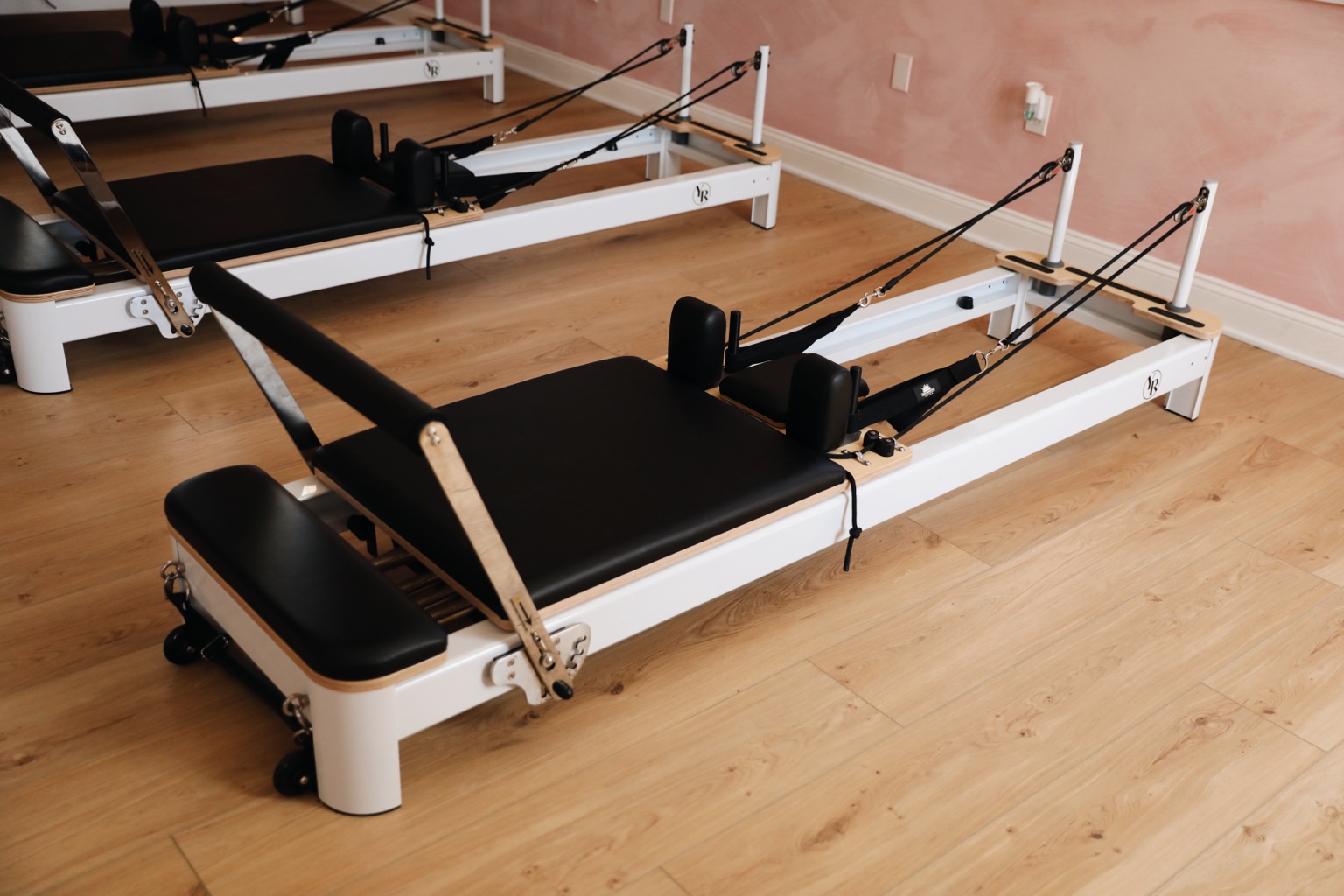 Close-up of reformers at Pilates by Parker